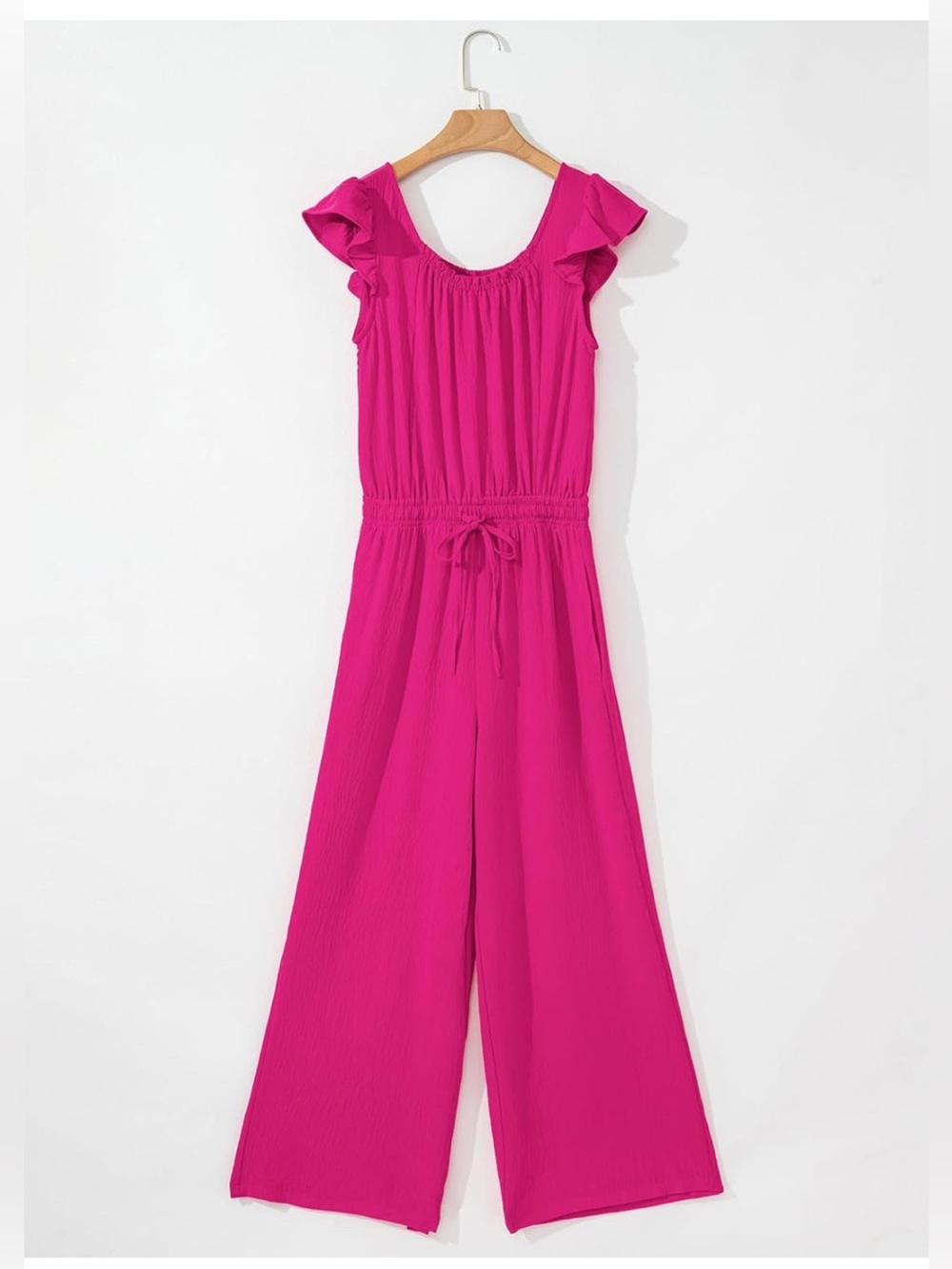 Like New Women’s Pink Jumpsuit with Drawstring Waist & Ruffle Sleeves, Medium - Picture 1 of 7